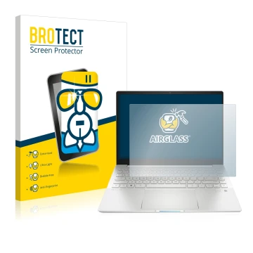 Front side of a product packaging with the brand logo BROTECT. Next to it is the device HP Pavilion Plus 14-eh shown with the 