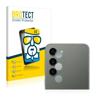 Front side of a product packaging with the brand logo BROTECT. Next to it is the device Samsung Galaxy S23 (ONLY Camera Lens) 