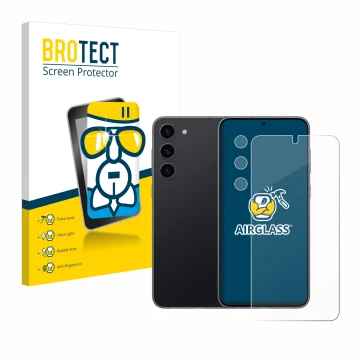 Front side of a product packaging with the brand logo BROTECT. Next to it is the device Samsung Galaxy S23 (Front+Camera) show