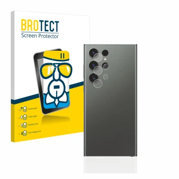 Front side of a product packaging with the brand logo BROTECT. Next to it is the device Samsung Galaxy S23 Ultra (ONLY Camera 