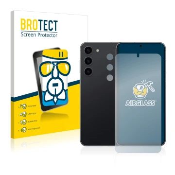 Front side of a product packaging with the brand logo BROTECT. Next to it is the device Samsung Galaxy S23 Plus (Front+Camera)