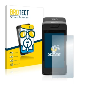 Front side of a product packaging with the brand logo BROTECT. Next to it is the device myPOS Carbon shown with the correspond