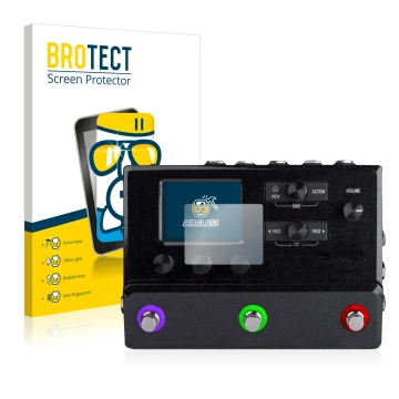 Front side of a product packaging with the brand logo BROTECT. Next to it is the device Line 6 hx stomp shown with the corresp