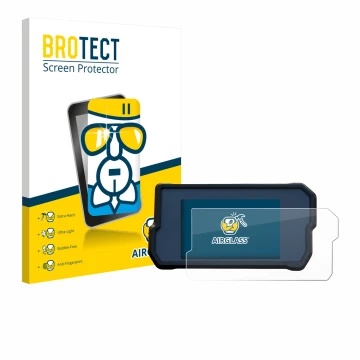 Front side of a product packaging with the brand logo BROTECT. Next to it is the device KTM 390 Duke 2019 shown with the corre