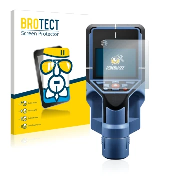 Front side of a product packaging with the brand logo BROTECT. Next to it is the device Bosch D-tect 200 C Wallscanner shown w