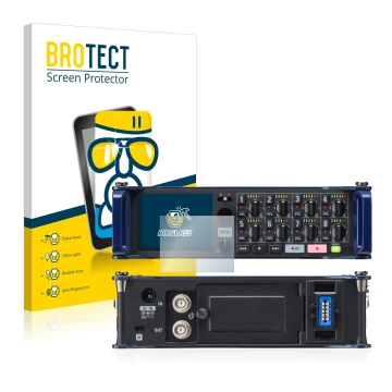 Front side of a product packaging with the brand logo BROTECT. Next to it is the device Zoom F8 field recorder shown with the 
