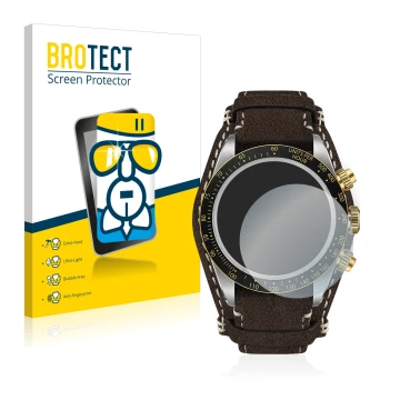 Front side of a product packaging with the brand logo BROTECT. Next to it is the device Tudor Black Bay Chrono 41mm shown with