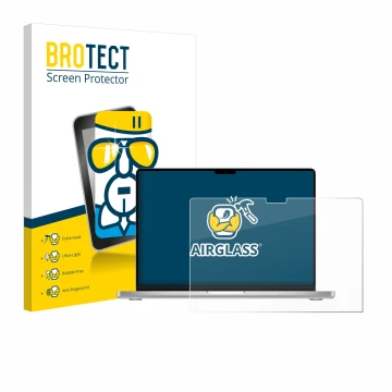 Front side of a product packaging with the brand logo BROTECT. Next to it is the device Apple MacBook Pro 14