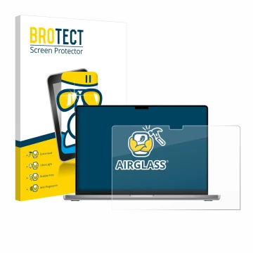 Front side of a product packaging with the brand logo BROTECT. Next to it is the device Apple MacBook Pro 16