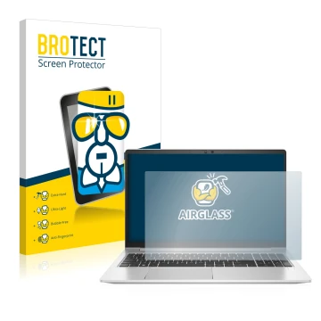 Front side of a product packaging with the brand logo BROTECT. Next to it is the device HP EliteBook 650 G9 shown with the cor