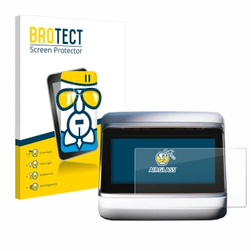 Front side of a product packaging with the brand logo BROTECT. Next to it is the device Tesla Model X Plaid 2023 (Back display