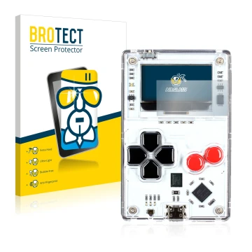 Front side of a product packaging with the brand logo BROTECT. Next to it is the device Arduboy FX shown with the correspondin