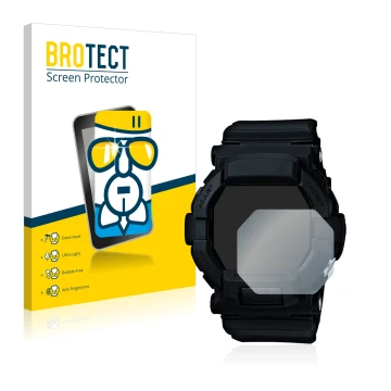 Front side of a product packaging with the brand logo BROTECT. Next to it is the device Casio G-Shock GD350 shown with the cor