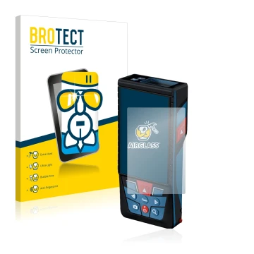Front side of a product packaging with the brand logo BROTECT. Next to it is the device Bosch GLM 150-27c shown with the corre