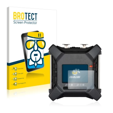 Front side of a product packaging with the brand logo BROTECT. Next to it is the device Zoom F3 field recorder shown with the 