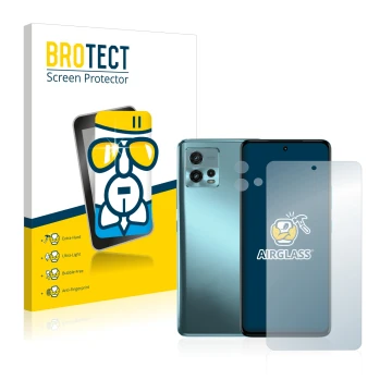 Front side of a product packaging with the brand logo BROTECT. Next to it is the device Motorola Moto G72 (Front+Camera) shown
