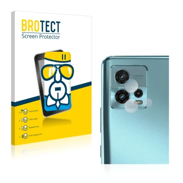 Front side of a product packaging with the brand logo BROTECT. Next to it is the device Motorola Moto G72 (ONLY Camera Lens) s