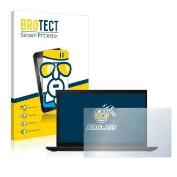 Front side of a product packaging with the brand logo BROTECT. Next to it is the device Lenovo ThinkPad L15 Gen 3 shown with t