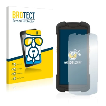 Front side of a product packaging with the brand logo BROTECT. Next to it is the device Zebra TC73 shown with the correspondin