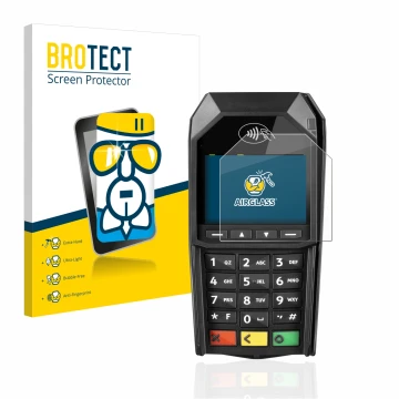 Front side of a product packaging with the brand logo BROTECT. Next to it is the device ingenico Desk/1600 shown with the corr