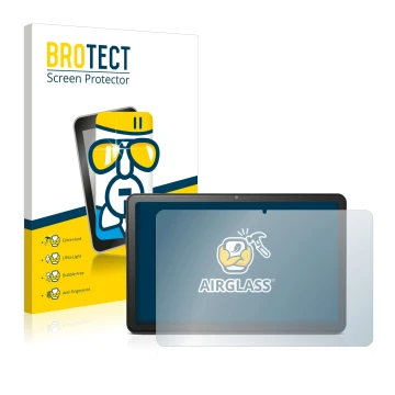 Front side of a product packaging with the brand logo BROTECT. Next to it is the device Doro Tablet 10.4