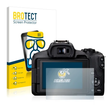 Front side of a product packaging with the brand logo BROTECT. Next to it is the device Canon EOS R50 shown with the correspon