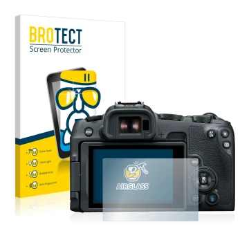 Front side of a product packaging with the brand logo BROTECT. Next to it is the device Canon EOS R8 shown with the correspond