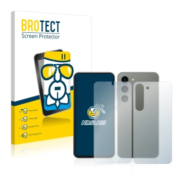 Front side of a product packaging with the brand logo BROTECT. Next to it is the device Samsung Galaxy S23 (Front+Back) shown 