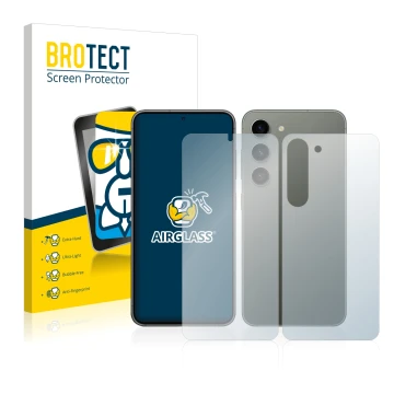 Front side of a product packaging with the brand logo BROTECT. Next to it is the device Samsung Galaxy S23 Plus (Front+Back) s