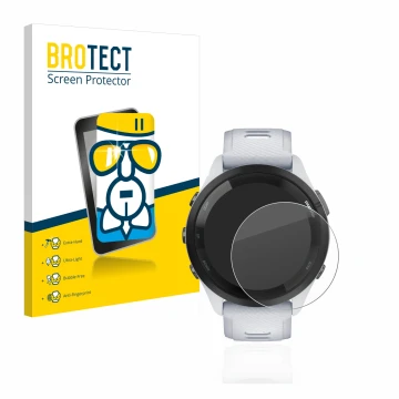 Front side of a product packaging with the brand logo BROTECT. Next to it is the device Garmin Forerunner 265 (46 mm) shown wi