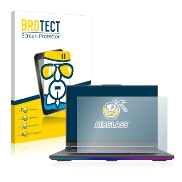 Front side of a product packaging with the brand logo BROTECT. Next to it is the device ASUS ROG Strix G18 G814 2023 shown wit