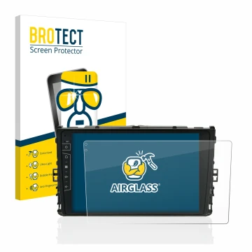 Front side of a product packaging with the brand logo BROTECT. Next to it is the device Dynavin D8-DF63 10.1