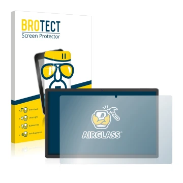 Front side of a product packaging with the brand logo BROTECT. Next to it is the device Sebbe Facetel Tablet Q10 shown with th