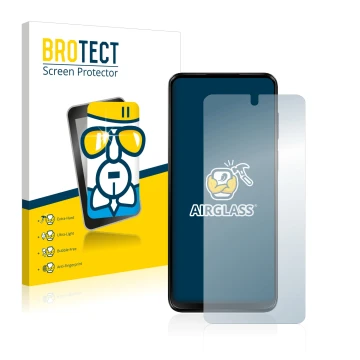 Front side of a product packaging with the brand logo BROTECT. Next to it is the device Motorola Moto G13 shown with the corre