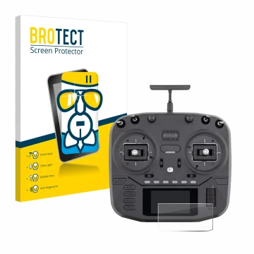 Front side of a product packaging with the brand logo BROTECT. Next to it is the device Radiomaster Boxer shown with the corre