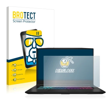 Front side of a product packaging with the brand logo BROTECT. Next to it is the device MSI Katana 17 B13V shown with the corr