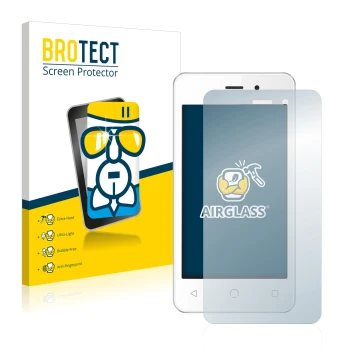 Front side of a product packaging with the brand logo BROTECT. Next to it is the device NUU Mobile A1 shown with the correspon