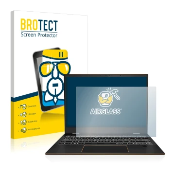 Front side of a product packaging with the brand logo BROTECT. Next to it is the device MSI Summit E13 Flip Evo shown with the