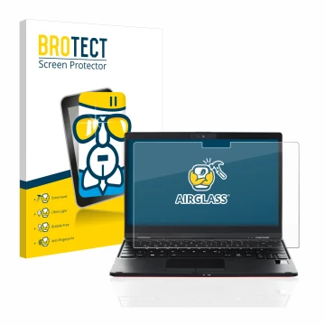 Front side of a product packaging with the brand logo BROTECT. Next to it is the device Fujitsu Lifebook U9311X shown with the