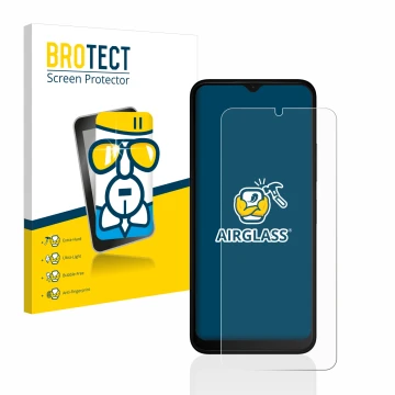 Front side of a product packaging with the brand logo BROTECT. Next to it is the device Nokia C32 shown with the corresponding