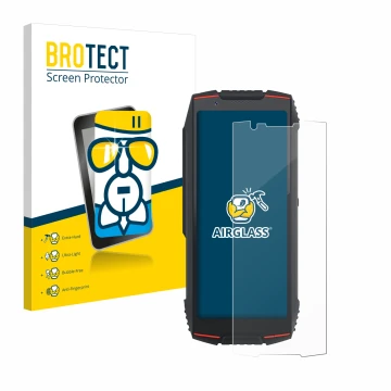 Front side of a product packaging with the brand logo BROTECT. Next to it is the device Cubot King Kong Mini 3 shown with the 