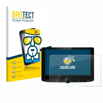 Front side of a product packaging with the brand logo BROTECT. Next to it is the device Kenwood DNR992RVS shown with the corre