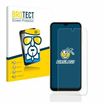 Front side of a product packaging with the brand logo BROTECT. Next to it is the device Samsung Galaxy A14 4G shown with the c
