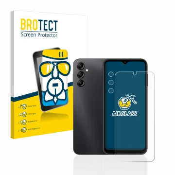 Front side of a product packaging with the brand logo BROTECT. Next to it is the device Samsung Galaxy A14 4G (Front+Camera) s