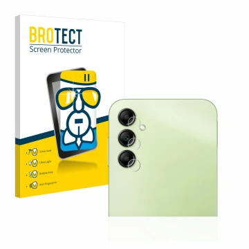 Front side of a product packaging with the brand logo BROTECT. Next to it is the device Samsung Galaxy A14 4G (ONLY Camera Len