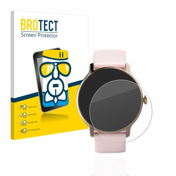 Front side of a product packaging with the brand logo BROTECT. Next to it is the device Hama Fit Watch 4910 shown with the cor