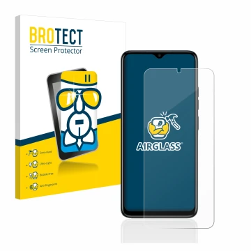 Front side of a product packaging with the brand logo BROTECT. Next to it is the device Tecno Spark Go 2023 shown with the cor