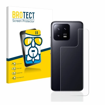 Front side of a product packaging with the brand logo BROTECT. Next to it is the device Xiaomi 13 (Back) shown with the corres