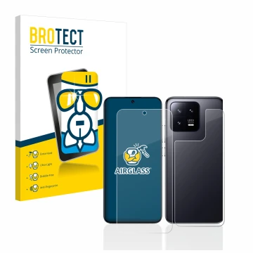 Front side of a product packaging with the brand logo BROTECT. Next to it is the device Xiaomi 13 (Front+Back) shown with the 