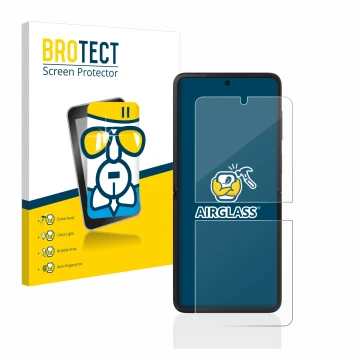 Front side of a product packaging with the brand logo BROTECT. Next to it is the device Oppo Find N2 Flip shown with the corre